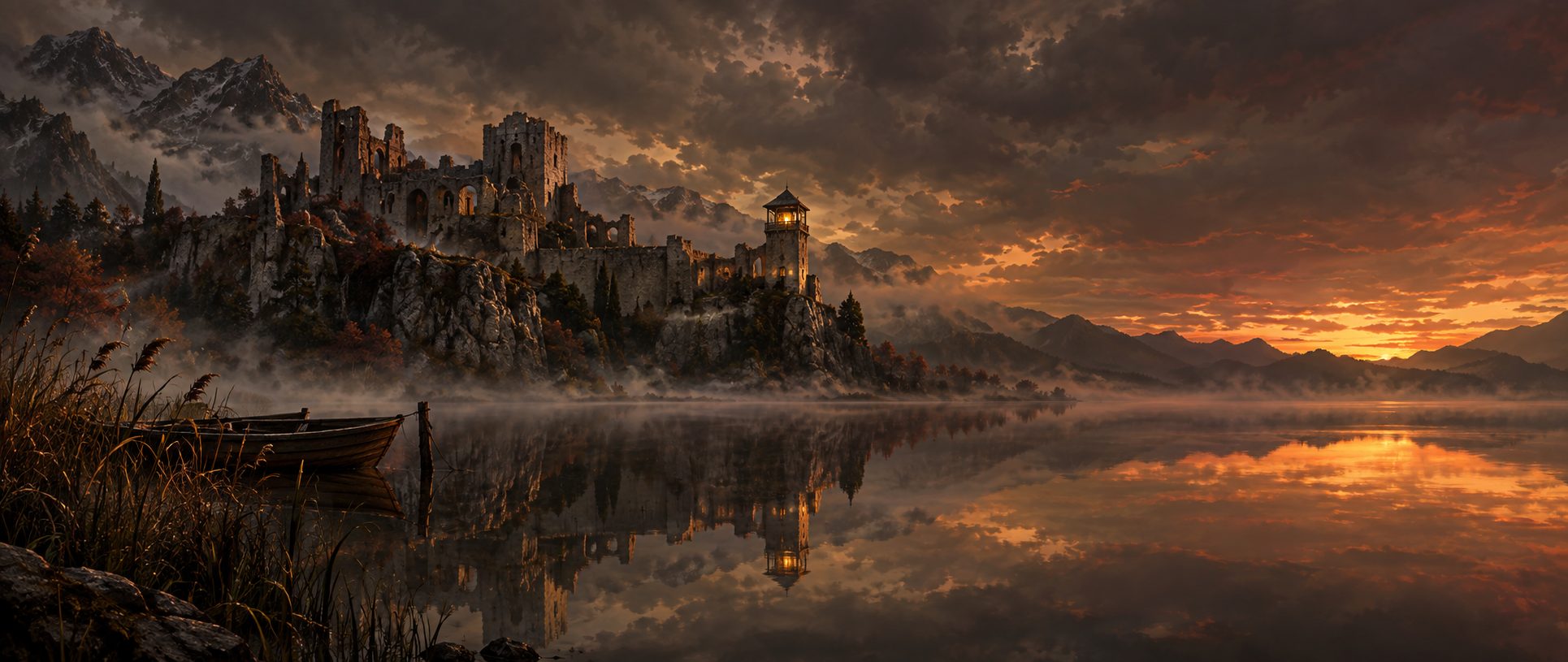 A ruined fortress with one lit tower above a still lake at dusk.