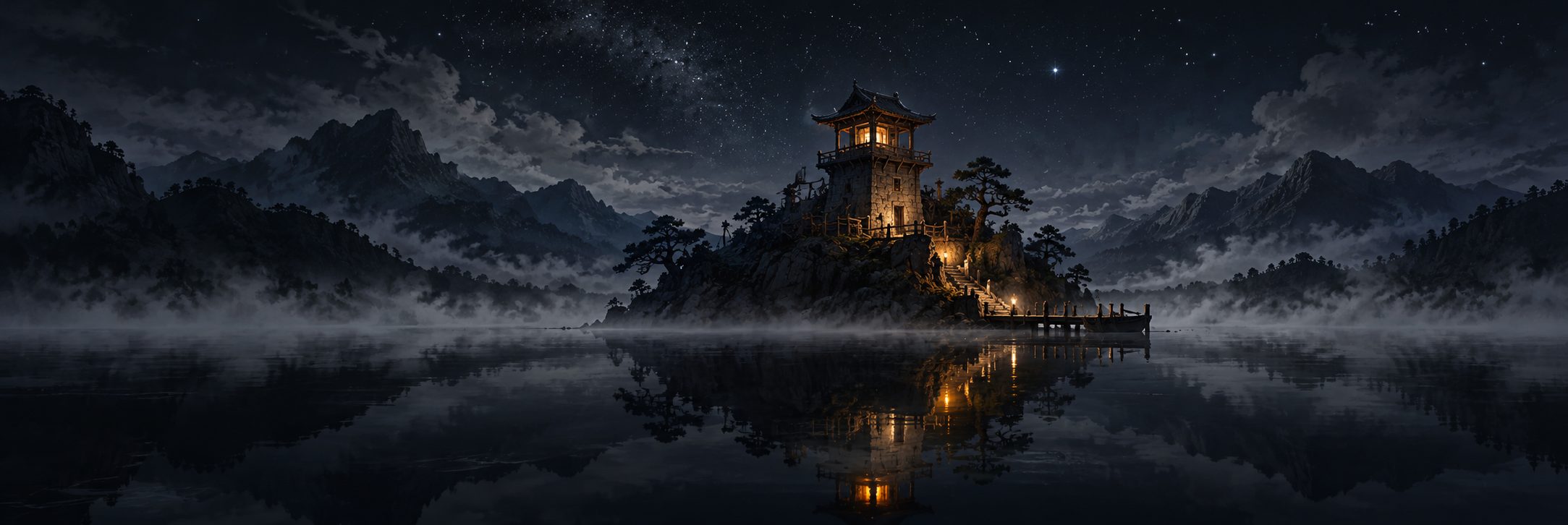 The lit watchtower on its island, reflected in the lake at night.